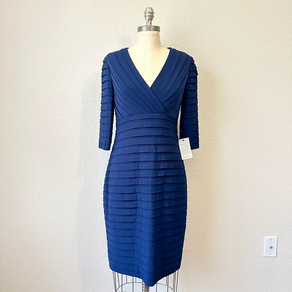 ADRIANNA PAPELL Sheath Dress Navy Blue Pleated Bandage 3/4 Sleeve NWT